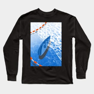 Summer Surfboard Overlaid on Top of a Blue Ocean Wave Long Sleeve T-Shirt